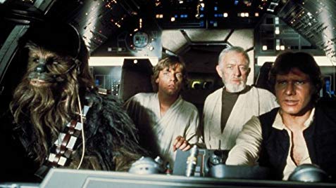 Luke, Ben Kenobi, Han Solo, and Chewbacca in the Millennium Falcon